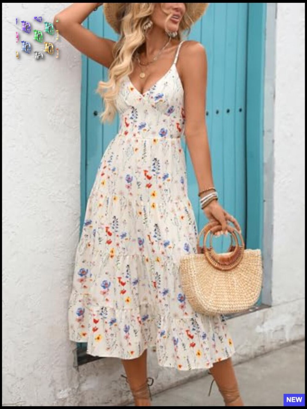 Boho Floral V-Neck Sleeveless A-Line Summer Beach Dress High Waist Flowy - Picture 3 of 5